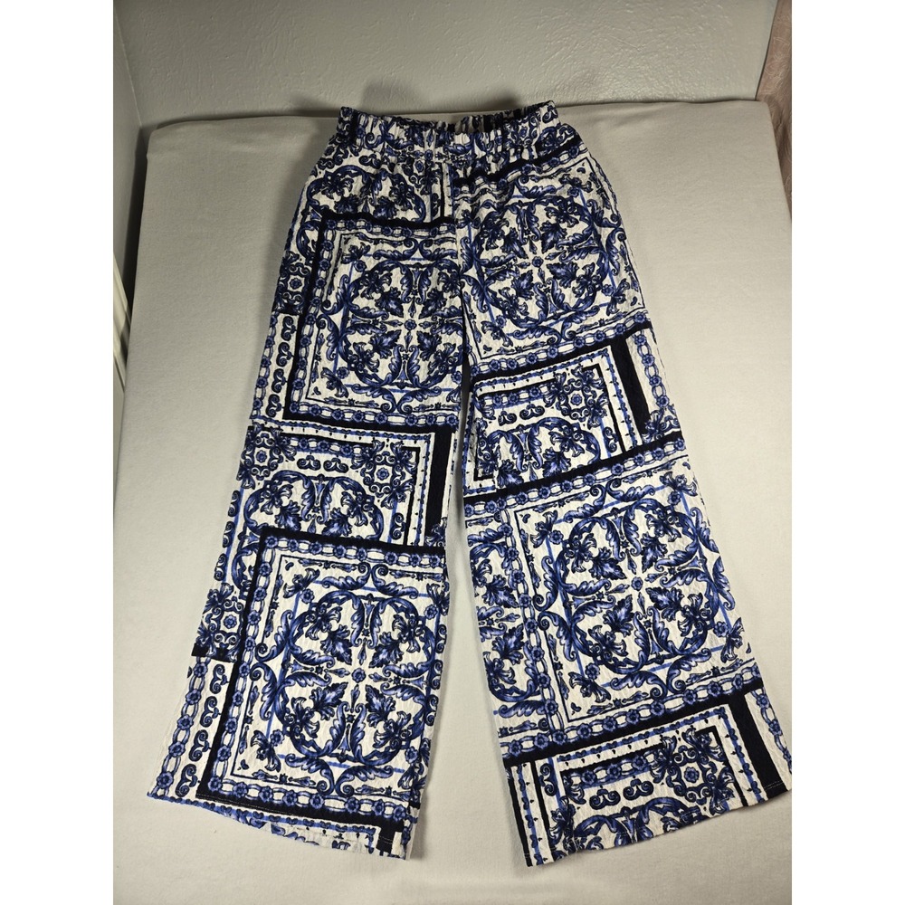 Women's Cato Palazzo Pants Wide Leg Blue And White Size Small Elastic Waist